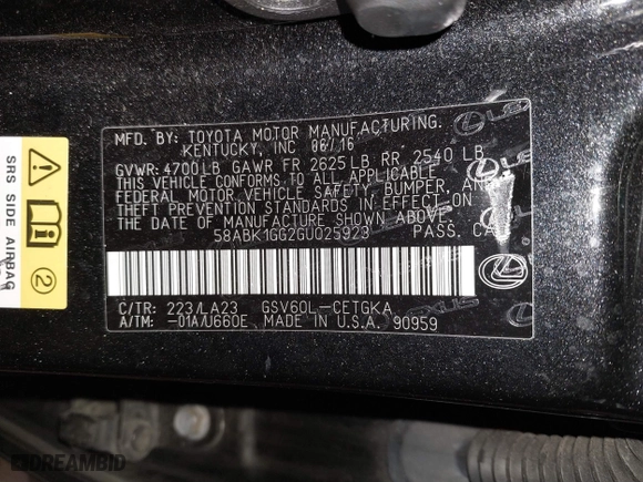 2016 Lexus ES 350 with VIN 58ABK1GG2GU025923, listed as a IAAI auction lot 41757363 with 85,192 mi miles. Bid and sale history available at carsss.com. Image 9.