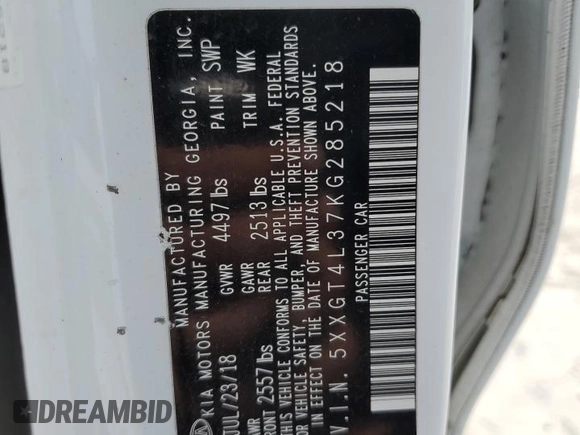 2019 Kia Optima LX with VIN 5XXGT4L37KG285218, listed as a Copart auction lot 58367365 with 105,052 mi miles and Salvage title. Bid and sale history available at DreamBid. Image 13.