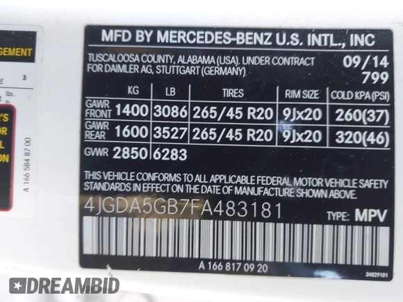 2015 Mercedes-Benz M 400 with VIN 4JGDA5GB7FA483181, listed as a IAAI auction lot 41353004 with 105,507 mi miles and . Bid and sale history available at DreamBid. Image 9.