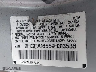 2009 Honda Civic Sdn LX with VIN 2HGFA16559H313538, listed as a IAAI auction lot 42052791 with 136,594 mi miles. Bid and sale history available at carsss.com. Image 9.