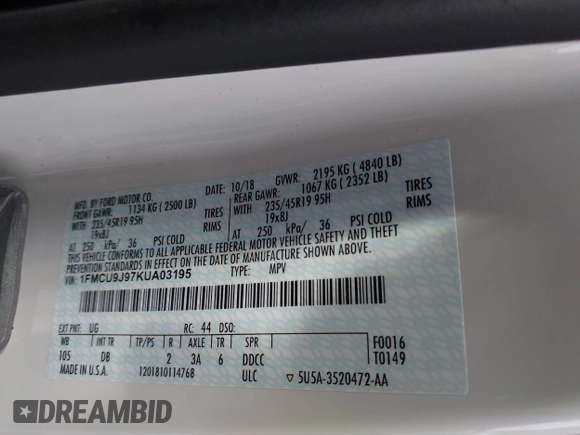 2019 Ford Escape Titanium with VIN 1FMCU9J97KUA03195, listed as a IAAI auction lot 42656589 with 40,099 mi miles and . Bid and sale history available at DreamBid. Image 9.