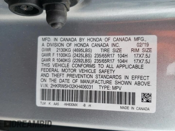 2019 Honda CR-V LX with VIN 2HKRW5H32KH406031, listed as a Copart auction lot 57147212 with 27,507 mi miles. Bid and sale history available at carsss.com. Image 10.