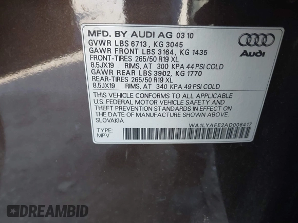 2010 Audi Q7 Premium Plus with VIN WA1LYAFE2AD006417, listed as a IAAI auction lot 41312214 with 122,281 mi miles and . Bid and sale history available at DreamBid. Image 9.