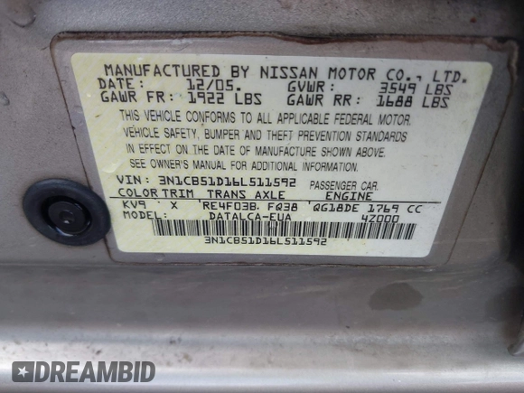 2006 Nissan Sentra S with VIN 3N1CB51D16L511592, listed as a IAAI auction lot 41933375 with 125,714 mi miles and . Bid and sale history available at DreamBid. Image 9.