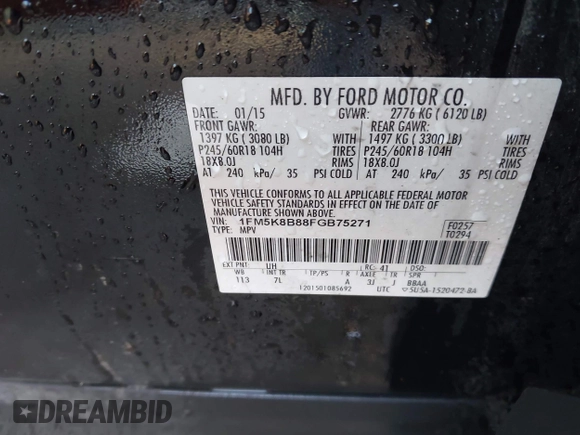 2015 Ford Explorer с VIN 1FM5K8B88FGB75271, выставлен на аукционе IAAI как лот 42265488 с пробегом 172 332 миль миль и . История ставок и продаж доступна на DreamBid. Изображение 9.