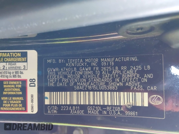 2020 Lexus ES 350 Luxury with VIN 58AEZ1B15LU053883, listed as a IAAI auction lot 41847982 with Not provided miles and . Bid and sale history available at DreamBid. Image 9.