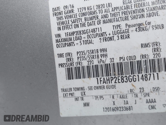 2016 Ford Taurus SEL with VIN 1FAHP2E83GG148711, listed as a IAAI auction lot 41206630 with 115,816 mi miles and . Bid and sale history available at DreamBid. Image 9.