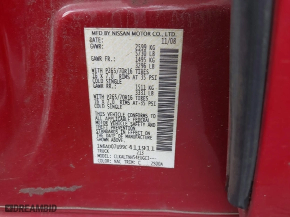 2009 Nissan Frontier SE with VIN 1N6AD07U99C411911, listed as a IAAI auction lot 41553405 with 108,734 mi miles. Bid and sale history available at carsss.com. Image 9.