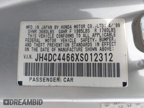 1999 Acura Integra SE with VIN JH4DC4466XS012312, listed as a IAAI auction lot 42577449 with 178,634 mi miles and . Bid and sale history available at DreamBid. Image 9.