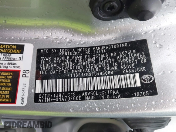 2015 Toyota Camry XLE with VIN 4T1BF1FK9FU495088, listed as a IAAI auction lot 41293184 with 67,719 mi miles and . Bid and sale history available at DreamBid. Image 9.