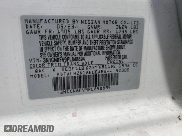 2023 Nissan Versa SR with VIN 3N1CN8FV9PL848894, listed as a Copart auction lot 50460125 with 19,674 mi miles and Salvage Title. Bid and sale history available at carsss.com. Image 12.
