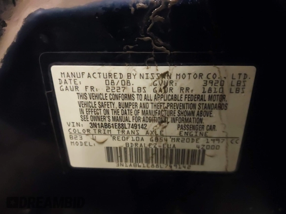 2008 Nissan Sentra S with VIN 3N1AB61E88L749142, listed as a IAAI auction lot 41518174 with 173,867 mi miles and . Bid and sale history available at DreamBid. Image 9.