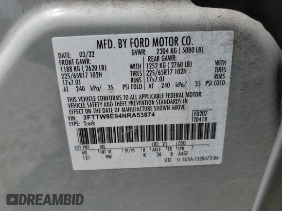 2022 Ford Maverick XL z VIN 3FTTW8E94NRA53874, wystawiony jako Copart lot #51112895 z przebiegiem 65 437 mil mil oraz Szkoda całkowita • Salvage title. Historia ofert i sprzedaży dostępna na DreamBid. Obrazek 14.