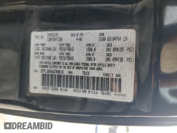 1998 Dodge Dakota SLT with VIN 1B7FL26X4WS700618, listed as a Copart auction lot 44926015 with 253,806 mi miles and Salvage Title. Bid and sale history available at DreamBid. Image 13.