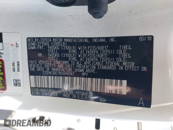 2011 Toyota Sienna XLE AAS с VIN 5TDYK3DC1BS040347, выставлен на аукционе IAAI как лот 42348755 с пробегом 184 609 миль миль и . История ставок и продаж доступна на DreamBid. Изображение 9.