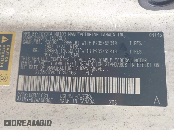 2015 Lexus RX 350 with VIN 2T2BK1BA5FC306166, listed as a IAAI auction lot 42130631 with Not provided miles and . Bid and sale history available at DreamBid. Image 9.