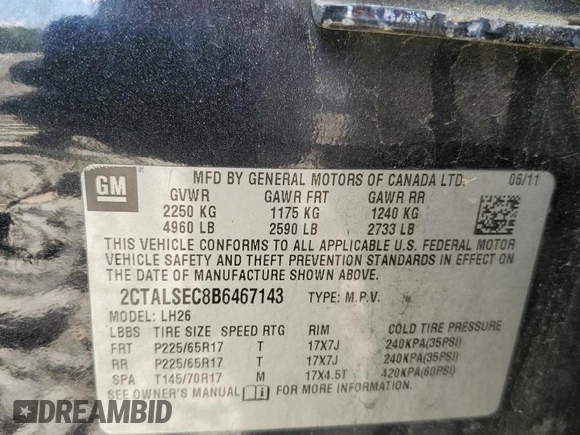 2011 GMC Terrain SLE-2 with VIN 2CTALSEC8B6467143, listed as a Copart auction lot 57233255 with 150,917 mi miles and Salvage title. Bid and sale history available at DreamBid. Image 13.