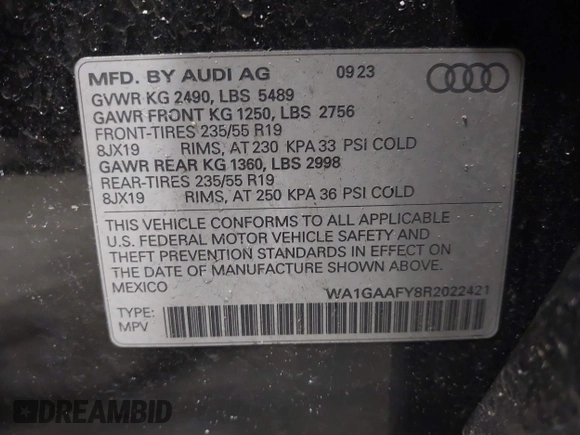 2024 Audi Q5 S line Premium with VIN WA1GAAFY8R2022421, listed as a IAAI auction lot 41918026 with 22,333 mi miles and . Bid and sale history available at DreamBid. Image 9.