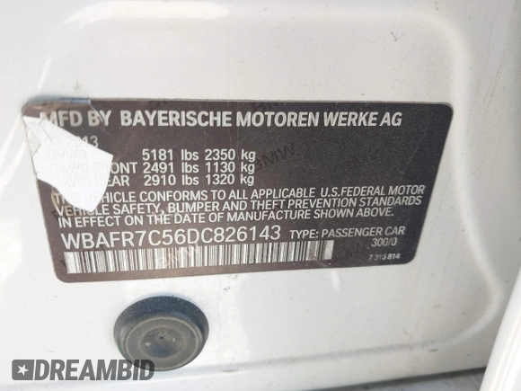 2013 BMW 5 Series 535i with VIN WBAFR7C56DC826143, listed as a IAAI auction lot 41970752 with 138,065 mi miles and . Bid and sale history available at DreamBid. Image 9.