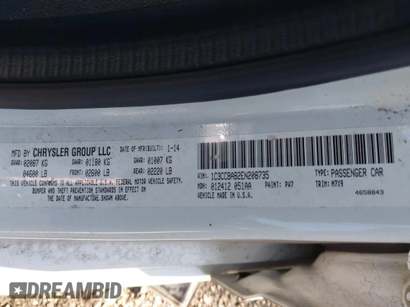 2014 Chrysler 200 LX with VIN 1C3CCBAB2EN208735, listed as a IAAI auction lot 41623000 with 104,819 mi miles and . Bid and sale history available at carsss.com. Image 9.