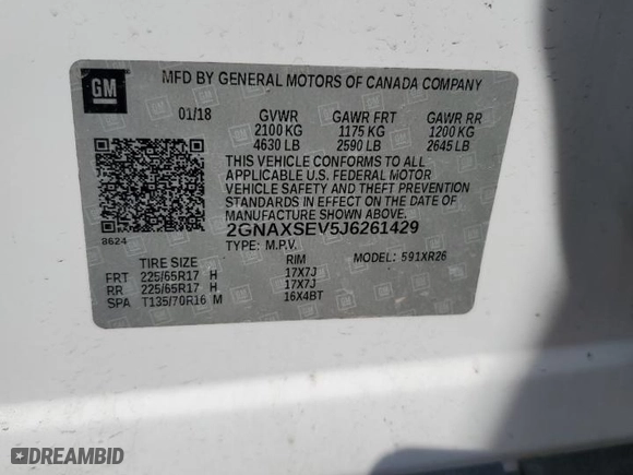 2018 Chevrolet Equinox LT with VIN 2GNAXSEV5J6261429, listed as a Copart auction lot 53780385 with 136,368 mi miles and Clean Title. Bid and sale history available at carsss.com. Image 13.