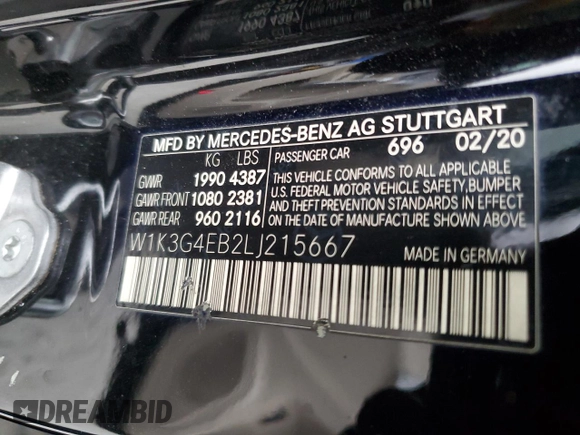 2020 Mercedes-Benz A 220 with VIN W1K3G4EB2LJ215667, listed as a Copart auction lot 54392335 with 151,570 mi miles and Salvage title. Bid and sale history available at DreamBid. Image 12.