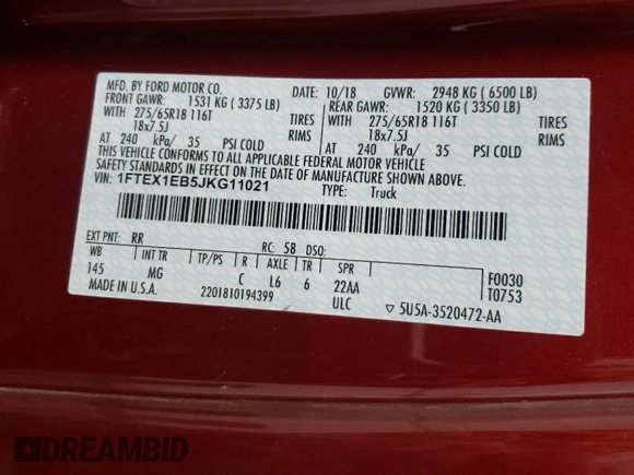 2018 Ford F-150 XL with VIN 1FTEX1EB5JKG11021, listed as a Copart auction lot 56279835 with 72,232 mi miles and Salvage title. Bid and sale history available at DreamBid. Image 12.