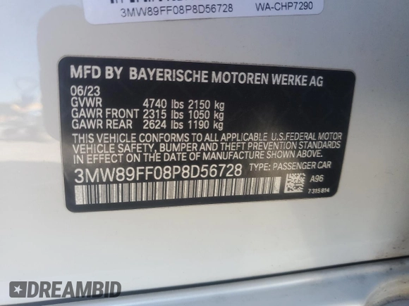 2023 BMW 3 Series 330i xDrive with VIN 3MW89FF08P8D56728, listed as a Copart auction lot 47178305 with 0 mi miles and Salvage Title. Bid and sale history available at carsss.com. Image 14.