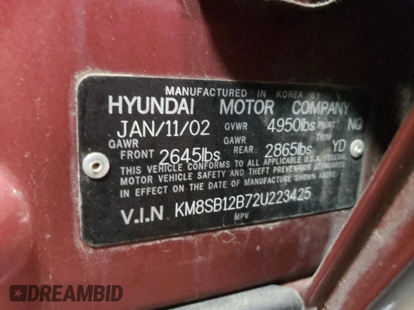 2002 Hyundai Santa Fe with VIN KM8SB12B72U223425, listed as a Copart auction lot 83005324 with 76,067 mi miles and Salvage Title. Bid and sale history available at carsss.com. Image 12.