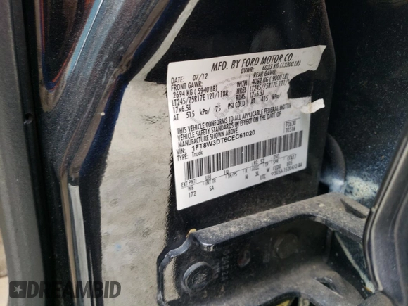 2012 Ford F-350 XL with VIN 1FT8W3DT6CEC61020, listed as a Copart auction lot 77777334 with Not Provided miles and Salvage Title. Bid and sale history available at DreamBid. Image 12.