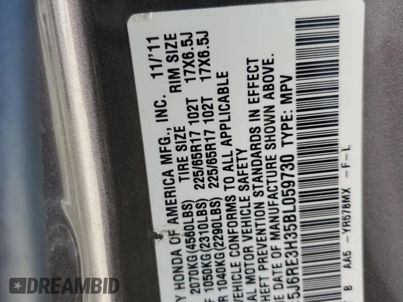 2011 Honda CR-V LX z VIN 5J6RE3H35BL059730, wystawiony jako Copart lot #58366485 z przebiegiem 101 645 mil mil oraz Szkoda całkowita • Salvage title. Historia ofert i sprzedaży dostępna na DreamBid. Obrazek 14.