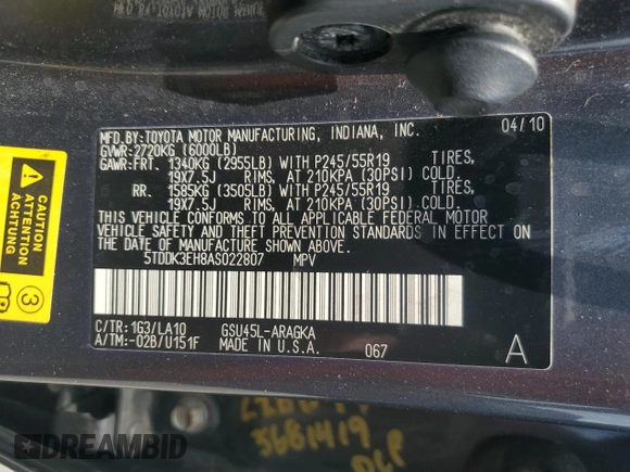 2010 Toyota Highlander Limited with VIN 5TDDK3EH8AS022807, listed as a Copart auction lot 62637455 with 216,398 mi miles and Clean title. Bid and sale history available at DreamBid. Image 13.