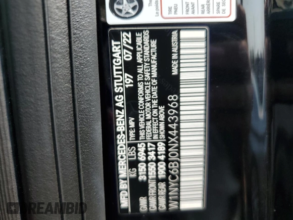 2022 Mercedes-Benz G 550 with VIN W1NYC6BJ0NX443968, listed as a Copart auction lot 57756843 with 3,432 mi miles and . Bid and sale history available at carsss.com. Image 16.