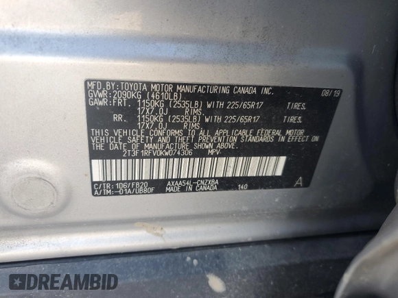2019 Toyota RAV4 LE with VIN 2T3F1RFV0KW074306, listed as a Copart auction lot 89173975 with 73,428 mi miles and Non Repairable. Bid and sale history available at carsss.com. Image 13.