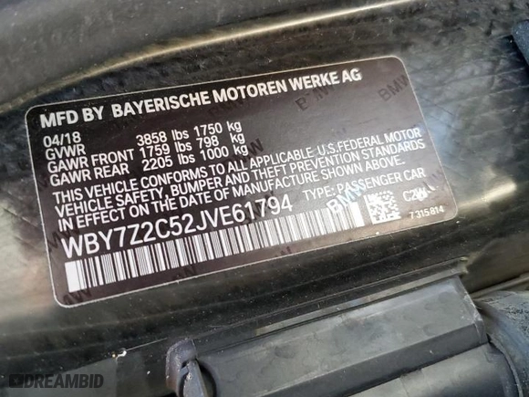 2018 BMW i3 with VIN WBY7Z2C52JVE61794, listed as a Copart auction lot 78021434 with 55,342 mi miles and Salvage Title. Bid and sale history available at carsss.com. Image 13.