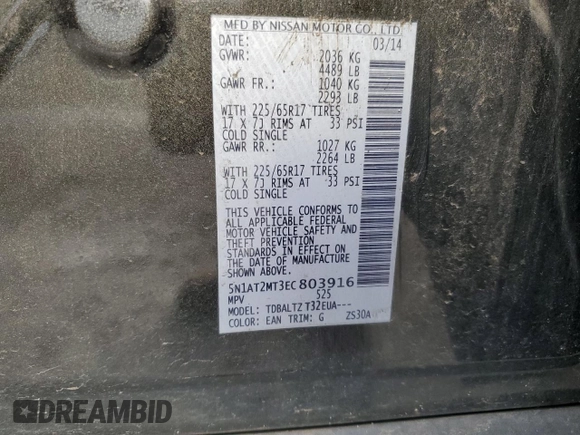 2014 Nissan Rogue SL with VIN 5N1AT2MT3EC803916, listed as a Copart auction lot 85302714 with 89,152 mi miles and Salvage Title. Bid and sale history available at carsss.com. Image 14.