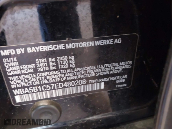 2014 BMW 5 Series 535i with VIN WBA5B1C57ED480208, listed as a IAAI auction lot 41257404 with 114,340 mi miles and . Bid and sale history available at DreamBid. Image 9.