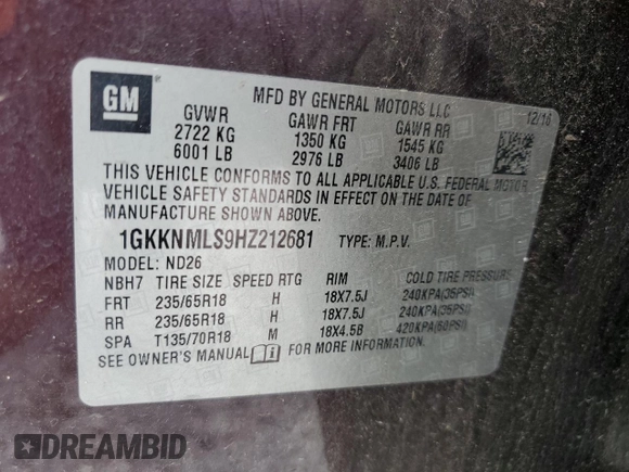 2017 GMC Acadia SLT with VIN 1GKKNMLS9HZ212681, listed as a Copart auction lot 60003355 with 117,370 mi miles and Salvage title. Bid and sale history available at DreamBid. Image 13.
