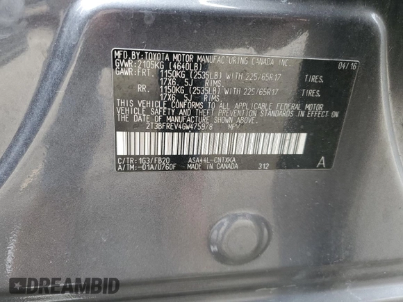 2016 Toyota RAV4 LE with VIN 2T3BFREV4GW475978, listed as a Copart auction lot 50145665 with 179,063 mi miles and Salvage Title. Bid and sale history available at carsss.com. Image 13.