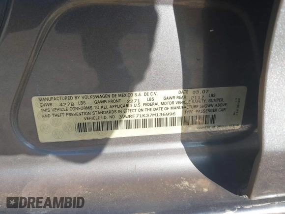 2007 Volkswagen Jetta 2.5 with VIN 3VWRF71K37M136996, listed as a IAAI auction lot 41643066 with Not provided miles and . Bid and sale history available at DreamBid. Image 9.