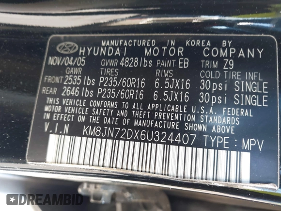 2006 Hyundai Tucson GLS with VIN KM8JN72DX6U324407, listed as a IAAI auction lot 42247884 with 188,911 mi miles and . Bid and sale history available at DreamBid. Image 9.