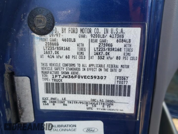 1997 Ford F-350 with VIN 1FTJW36F0VEC59307, listed as a Copart auction lot 62430515 with 199,894 mi miles and Salvage title. Bid and sale history available at DreamBid. Image 12.