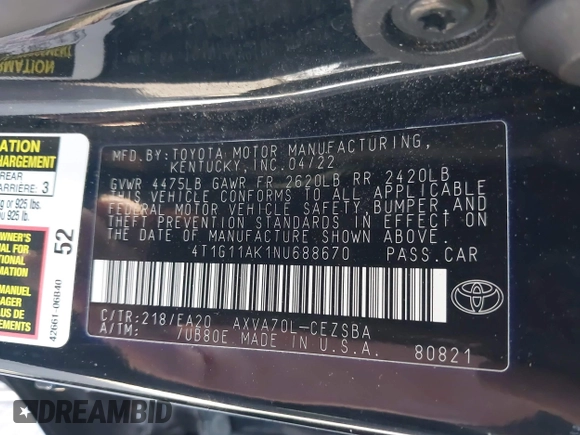 2022 Toyota Camry SE with VIN 4T1G11AK1NU688670, listed as a IAAI auction lot 42168847 with 54,975 mi miles. Bid and sale history available at carsss.com. Image 9.