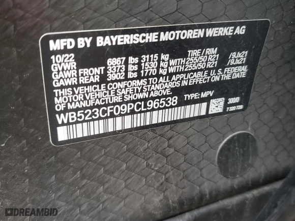 2023 BMW iX xDrive50 with VIN WB523CF09PCL96538, listed as a Copart auction lot 44728454 with 33,929 mi miles. Bid and sale history available at carsss.com. Image 12.