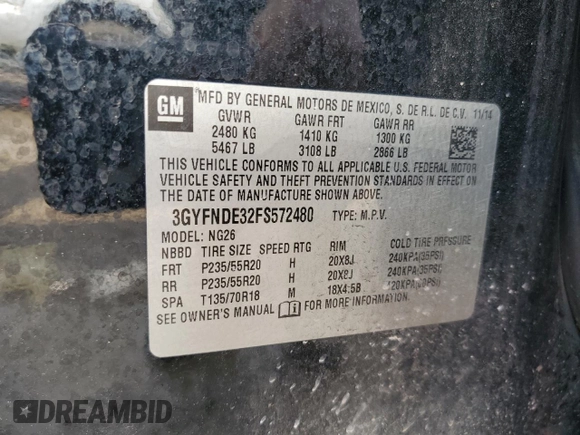 2015 Cadillac SRX Premium Collection with VIN 3GYFNDE32FS572480, listed as a Copart auction lot 54456725 with 82,573 mi miles and Salvage title. Bid and sale history available at DreamBid. Image 13.