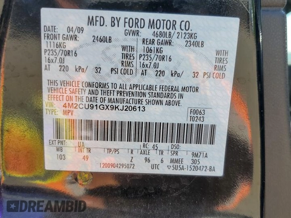 2009 Mercury Mariner with VIN 4M2CU91GX9KJ20613, listed as a Copart auction lot 63261245 with 201,582 mi miles and Clean title. Bid and sale history available at DreamBid. Image 13.