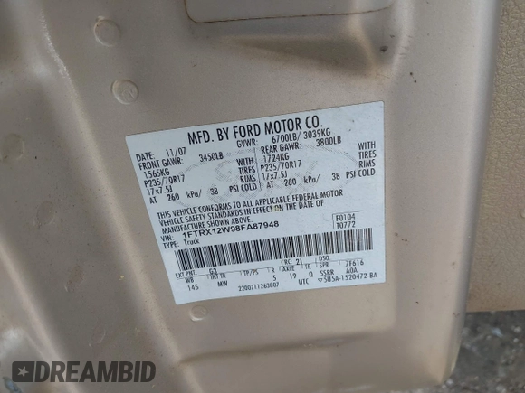 2008 Ford F-150 STX with VIN 1FTRX12W98FA87948, listed as a IAAI auction lot 42028690 with 187,182 mi miles and . Bid and sale history available at DreamBid. Image 9.
