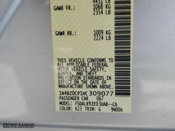 2017 Nissan LEAF SV with VIN 1N4BZ0CP1HC309077, listed as a Copart auction lot 49010165 with NaN miles and Salvage Title. Bid and sale history available at carsss.com. Image 13.