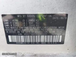 2019 Subaru Impreza with VIN 4S3GTAB63K3742231, listed as a IAAI auction lot 40848857 with 1 mi miles. Bid and sale history available at carsss.com. Image 9.