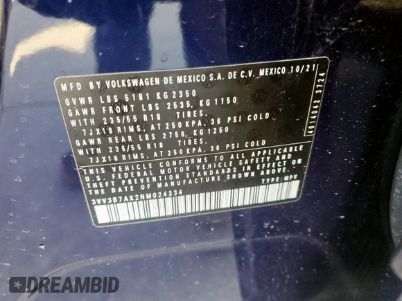 2022 Volkswagen Tiguan SE with VIN 3VV3B7AX2NM024334, listed as a Copart auction lot 52183095 with 26,849 mi miles and Salvage Title. Bid and sale history available at DreamBid. Image 15.